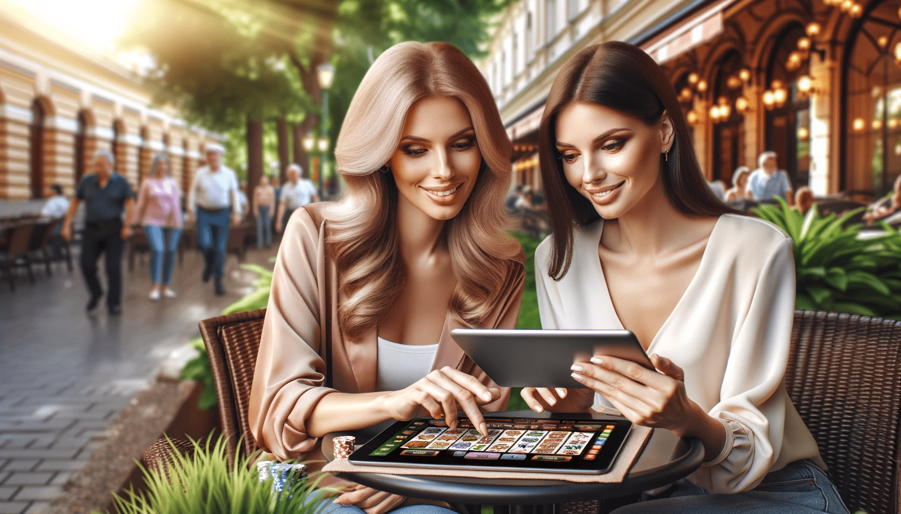 Dos mujeres jugando a juegos de casino online en una tablet en una terraza exterior, demostrando la práctica del juego online en cualquier lugar.